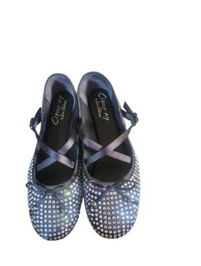 Circus by Sam Edelman Black Crystal Ballet Flats with Crossed Satin Straps